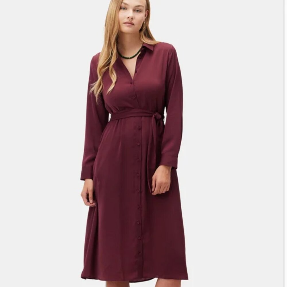 Amour Vert Joyce Sustainable Long Sleeve Shirtdress in Maroon Sz Large